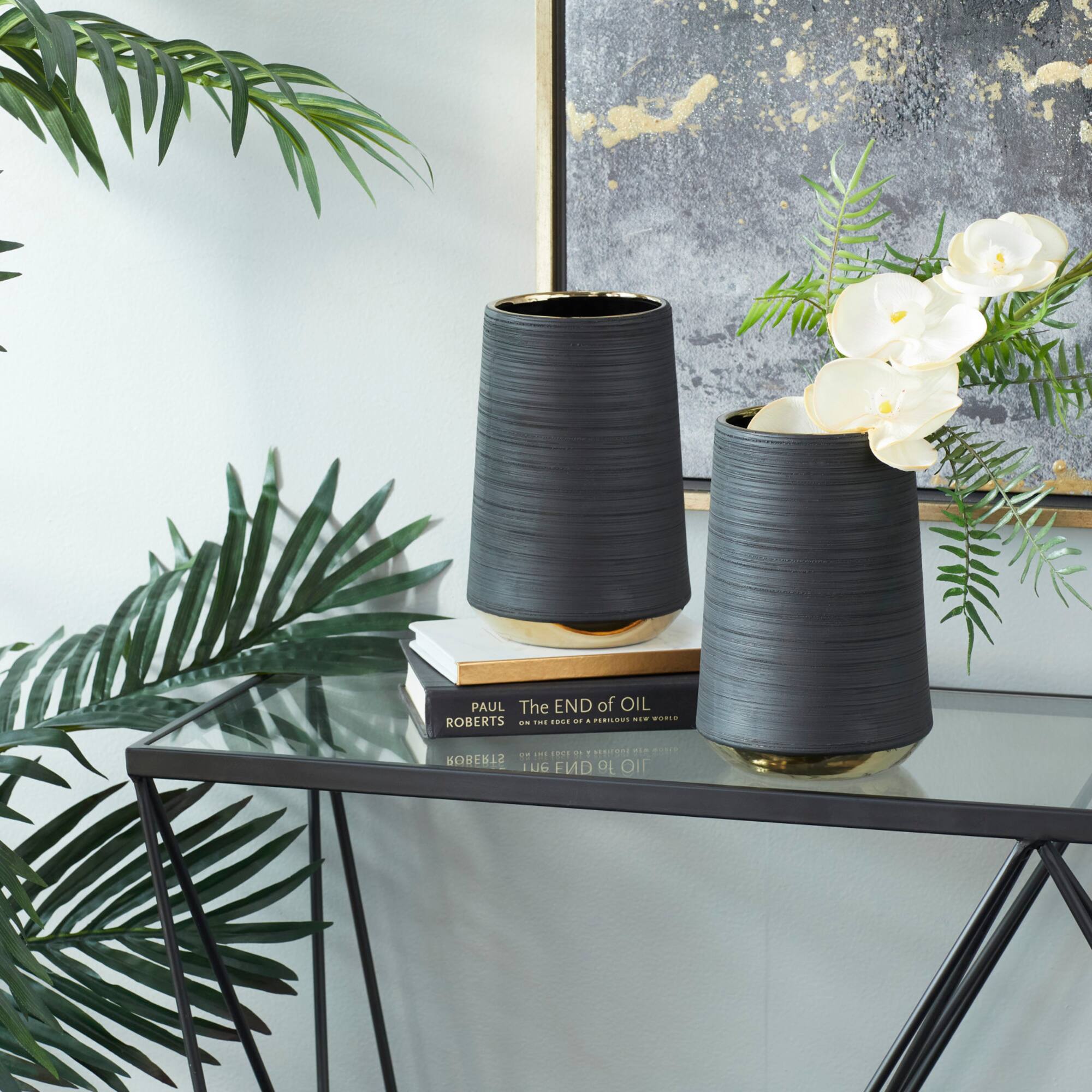 CosmoLiving by Cosmopolitan Set of 2 Black Porcelain Glam Vase, 5" x 8"